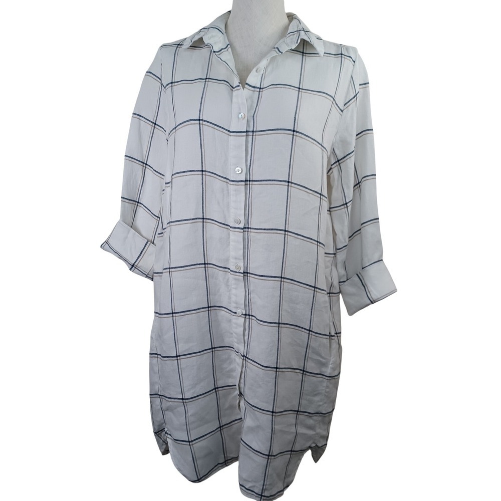 AMOUR VERT Linen Plaid Long Sleeve Button‎ Down Shirt Dress Tunic Top L